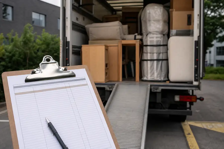 Clipboard with a written estimate in front of a loaded truck