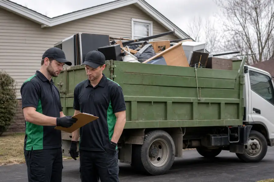 Green-accented junk removal truck with uniformed two-person crew, clipboard with a written estimate in front of a loaded truck