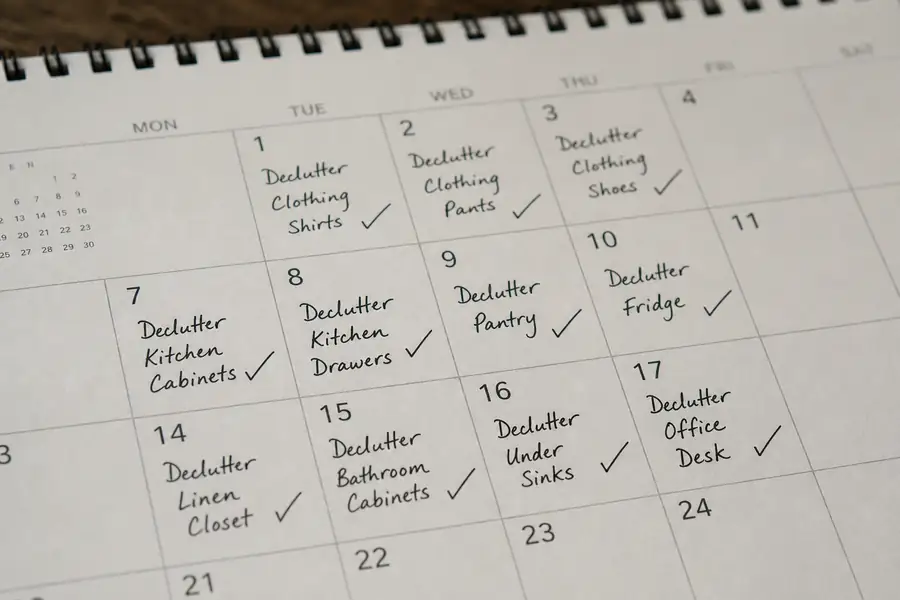 Calendar with decluttering tasks marked with checkmarks