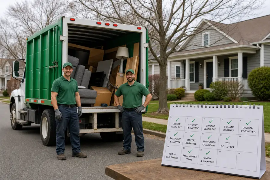 Green-accented junk removal truck with uniformed two-person crew, calendar with decluttering tasks marked with checkmarks
