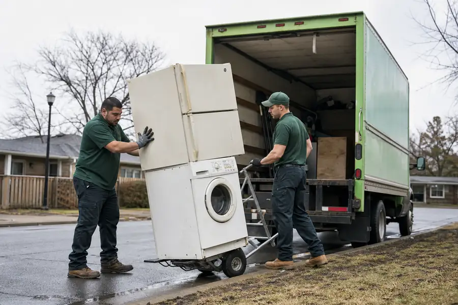 Green-accented junk removal truck with uniformed two-person crew, old refrigerator and washing machine on a dolly beside a truck