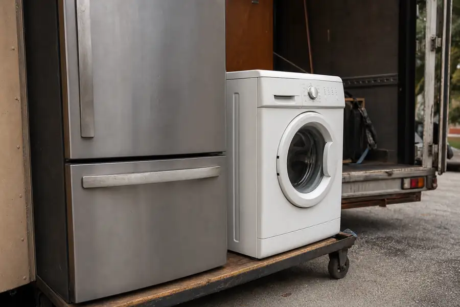 Refrigerator and washing machine on a dolly beside a truck
