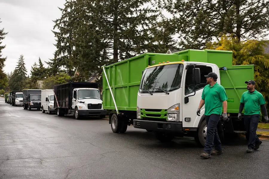 Green-accented junk removal truck with uniformed two-person crew, row of different junk removal trucks parked on a street