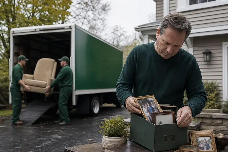 Green-accented junk removal truck with uniformed two-person crew, adult carefully packing framed family photos into a keepsake box