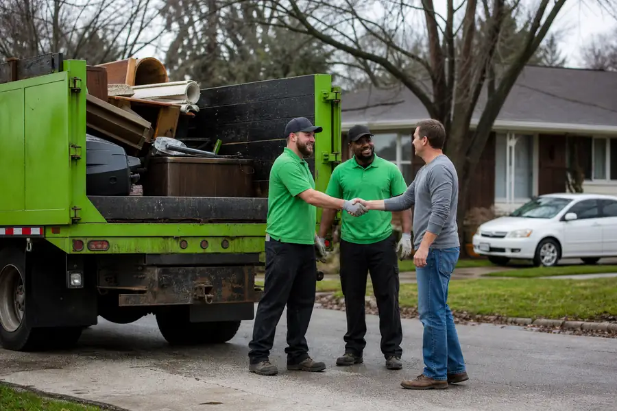 Green-accented junk removal truck with uniformed two-person crew, homeowner thanking two junk removal crew members next to a loaded truck
