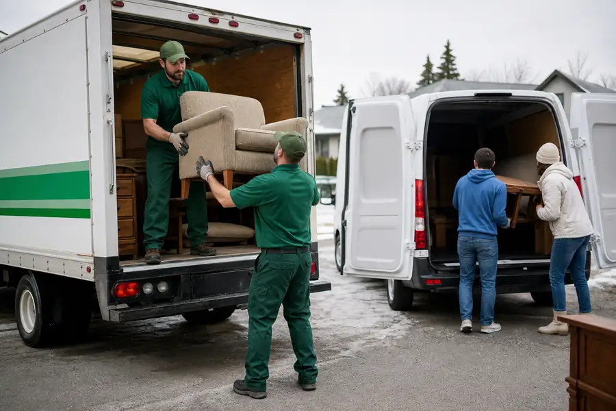 Green-accented junk removal truck with uniformed two-person crew, volunteers loading donated furniture into a charity van