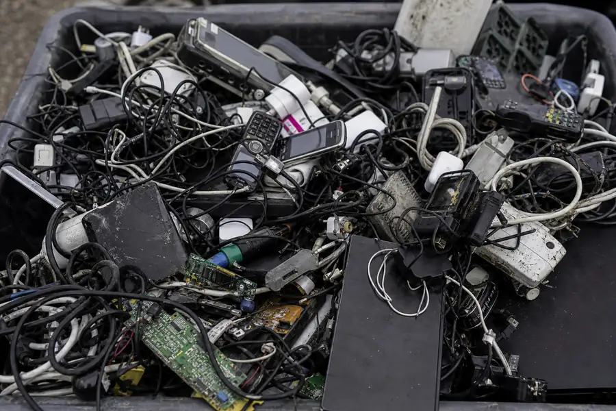 Bin overflowing with cables, phones and old electronics