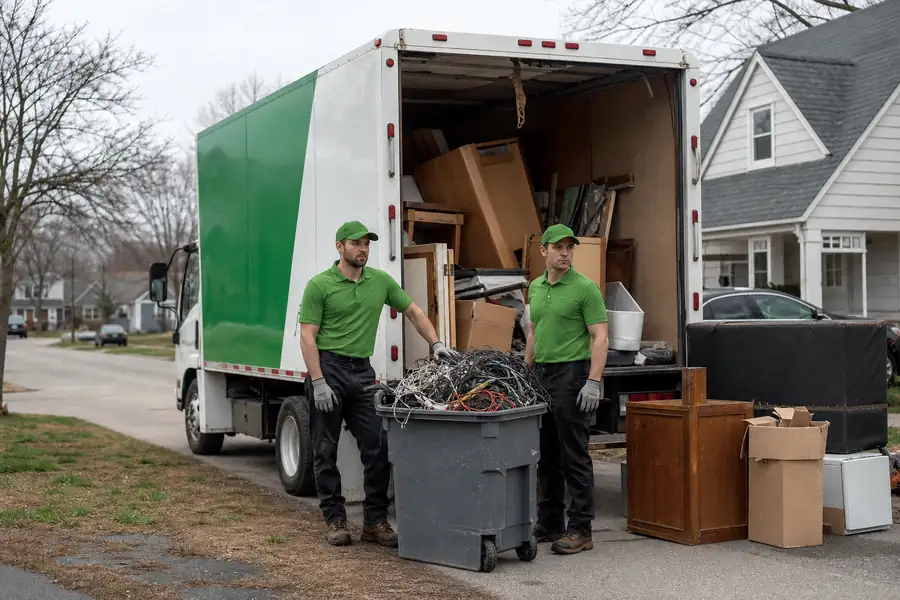 Green-accented junk removal truck with uniformed two-person crew, bin overflowing with cables