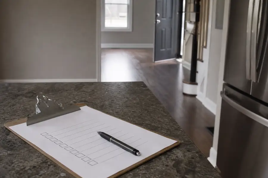 Clipboard checklist on a kitchen counter in an emptied family home