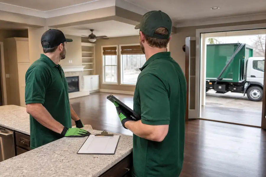 Green-accented junk removal truck with uniformed two-person crew, clipboard checklist on a kitchen counter in an emptied family home