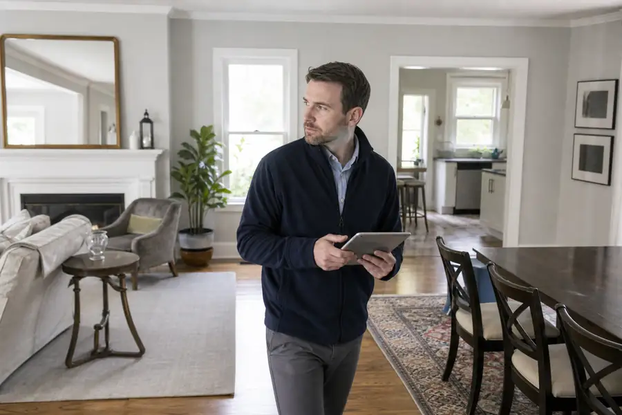 Estimator walking through a furnished estate home with a tablet