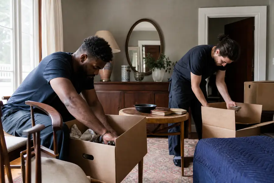 Crew respectfully packing and sorting belongings in a furnished family home