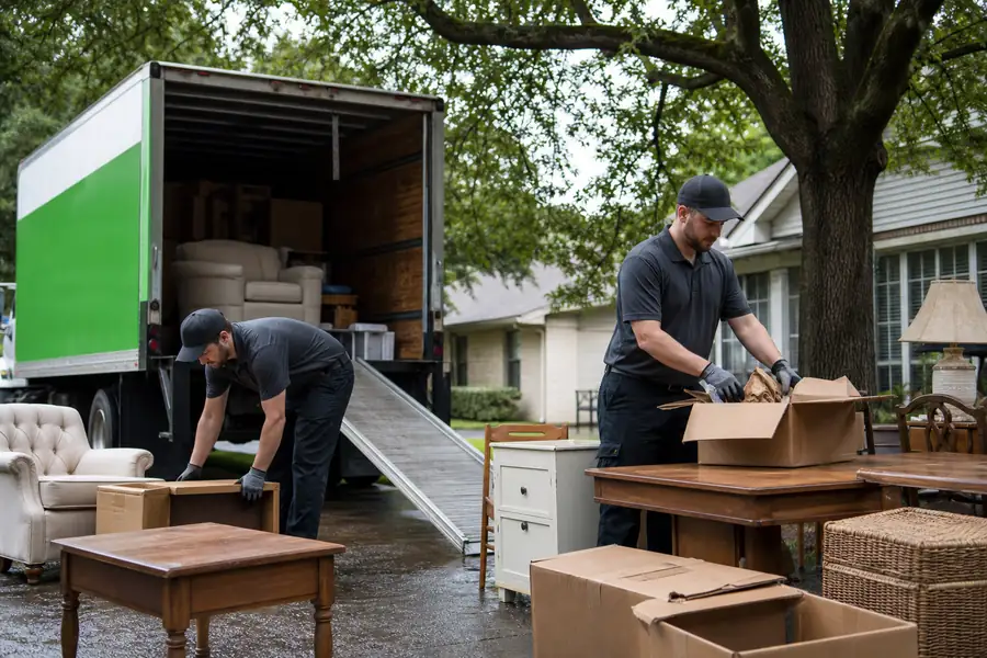 Green-accented junk removal truck with uniformed two-person crew, crew respectfully packing and sorting belongings in a furnished family home