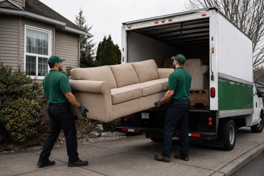 Green-accented junk removal truck with uniformed two-person crew, crew loading a sectional sofa into a junk removal truck