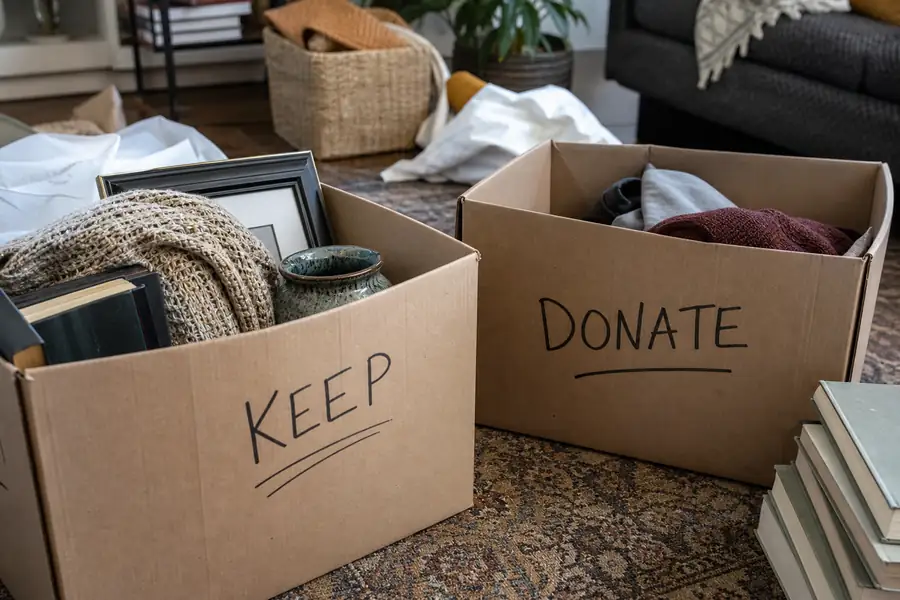 Cluttered living room mid-cleanup with labeled keep and donate boxes