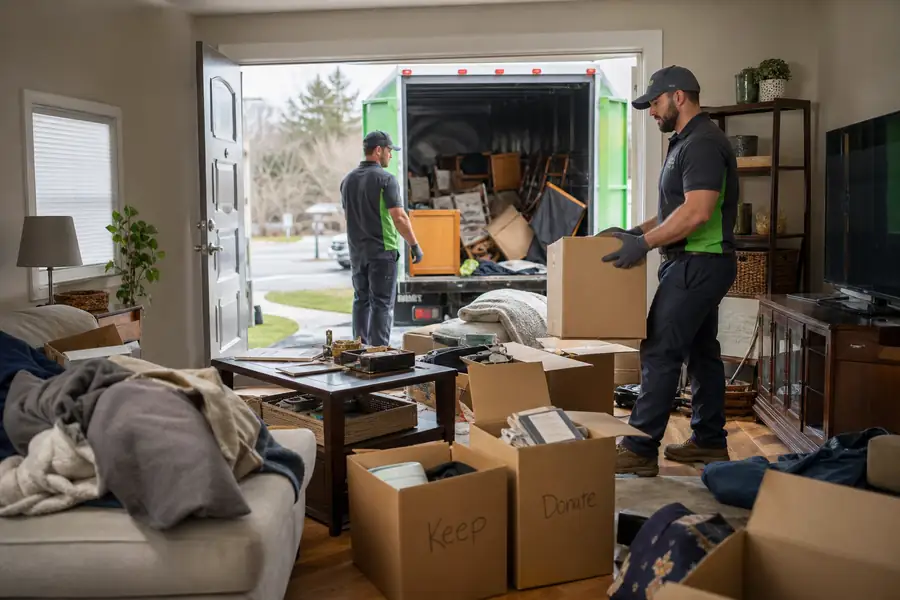 Green-accented junk removal truck with uniformed two-person crew, cluttered living room mid-cleanup with labeled keep and donate boxes