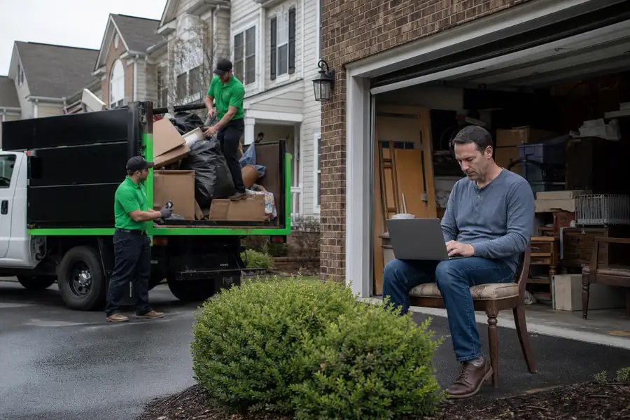 Green-accented junk removal truck with uniformed two-person crew, homeowner comparing options on a laptop with a junk-filled garage behind