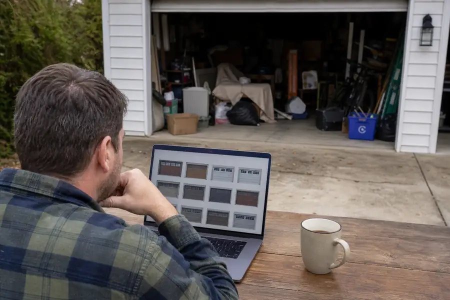 Homeowner comparing options on a laptop with a junk-filled garage behind