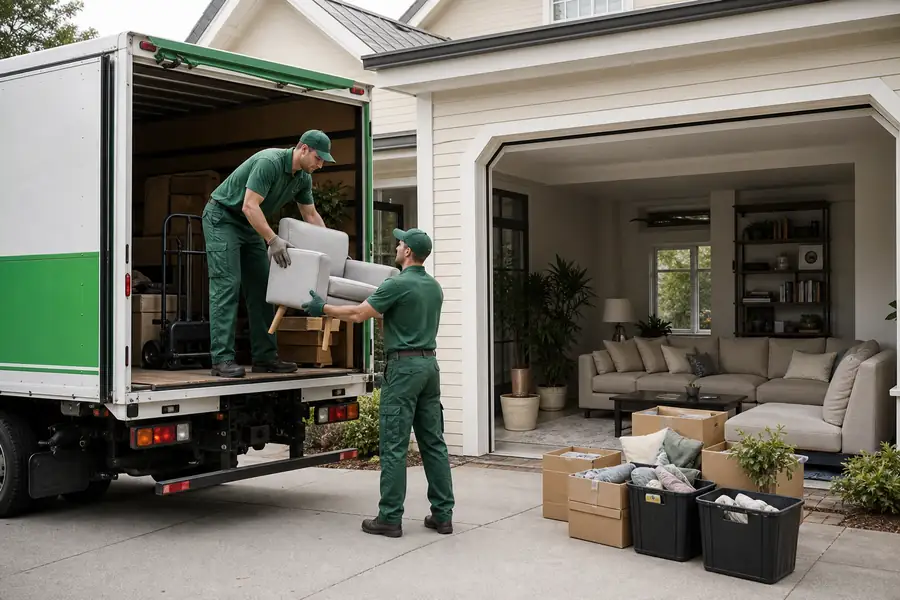 Green-accented junk removal truck with uniformed two-person crew, bright organized living room with sorted donate and toss boxes