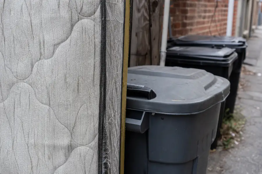 Box spring leaning next to trash bins in an alley