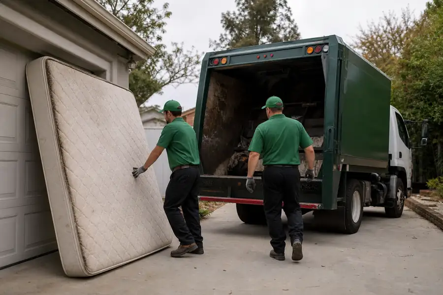 Green-accented junk removal truck with uniformed two-person crew, old mattress leaning against a garage wall ready for pickup
