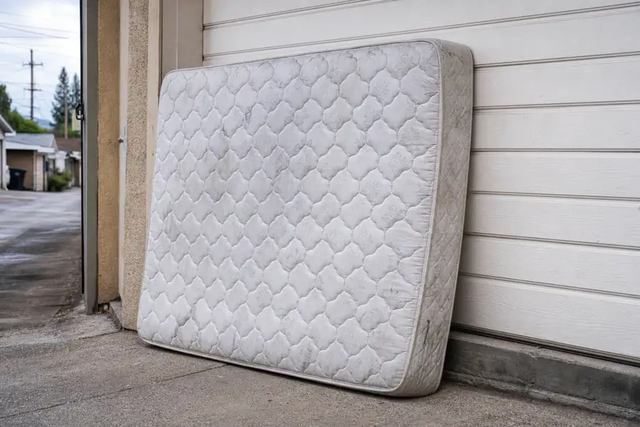 Old mattress leaning against a garage wall ready for pickup