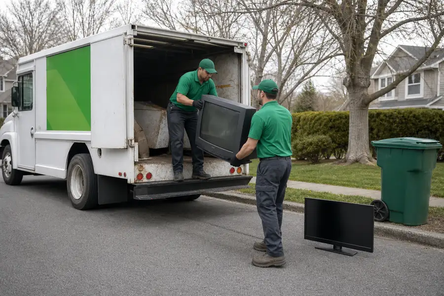 Green-accented junk removal truck with uniformed two-person crew, old CRT television and flat screen by a recycling bin