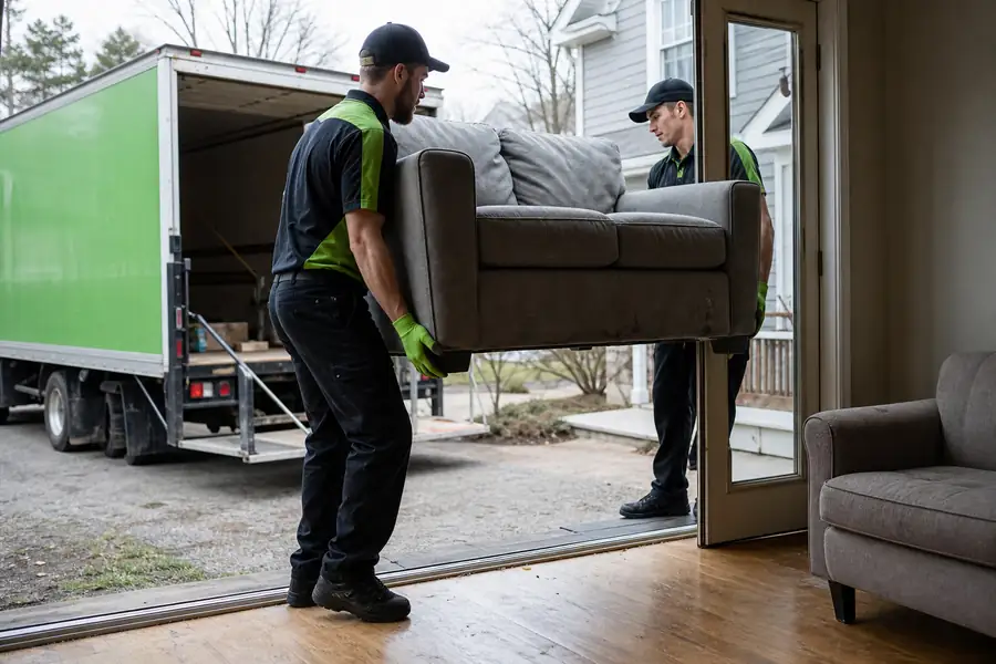 Green-accented junk removal truck with uniformed two-person crew, two movers carrying a worn gray couch out of a living room