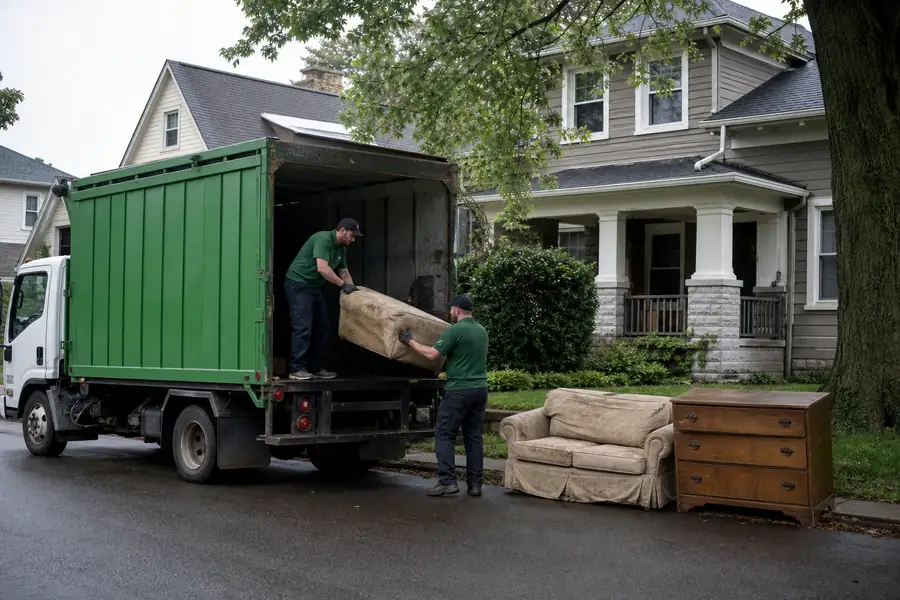 Green-accented junk removal truck with uniformed two-person crew, old sofa and dresser on a curb in front of a suburban house