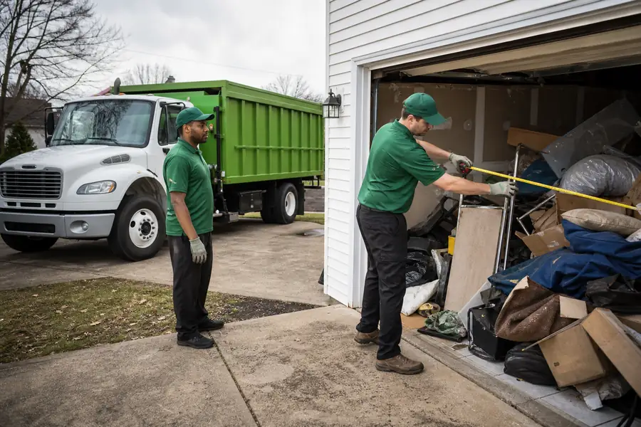 Green-accented junk removal truck with uniformed two-person crew, person measuring a pile of junk in a garage with a tape measure