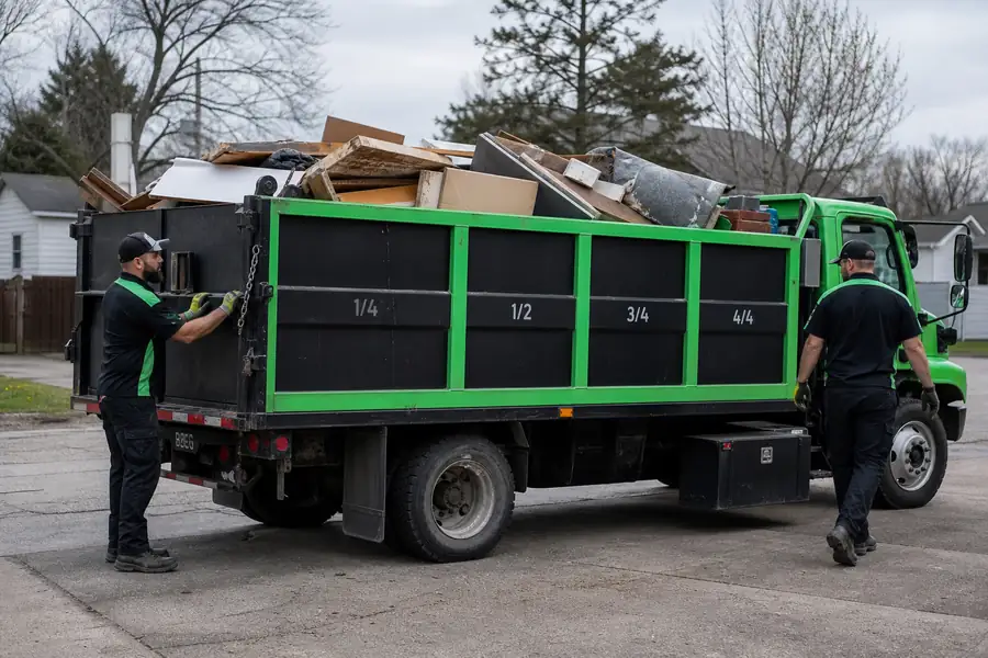 Green-accented junk removal truck with uniformed two-person crew, junk removal truck bed marked into load fractions with junk inside
