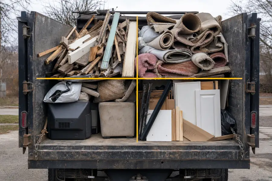 Junk removal truck bed marked into load fractions with junk inside