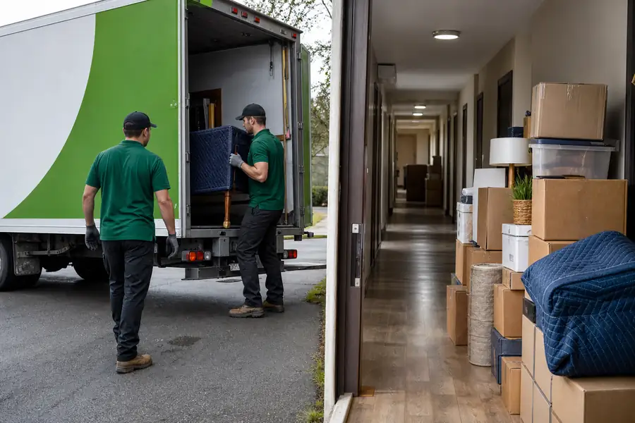 Green-accented junk removal truck with uniformed two-person crew, hallway with progressively stacked boxes and belongings