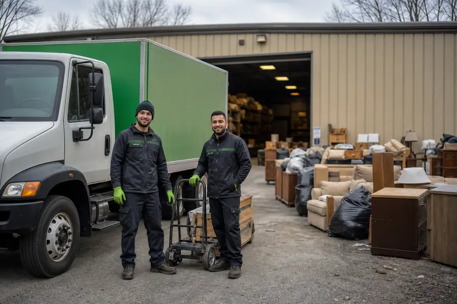 Green-accented junk removal truck with uniformed two-person crew, warehouse with sorted piles of donations
