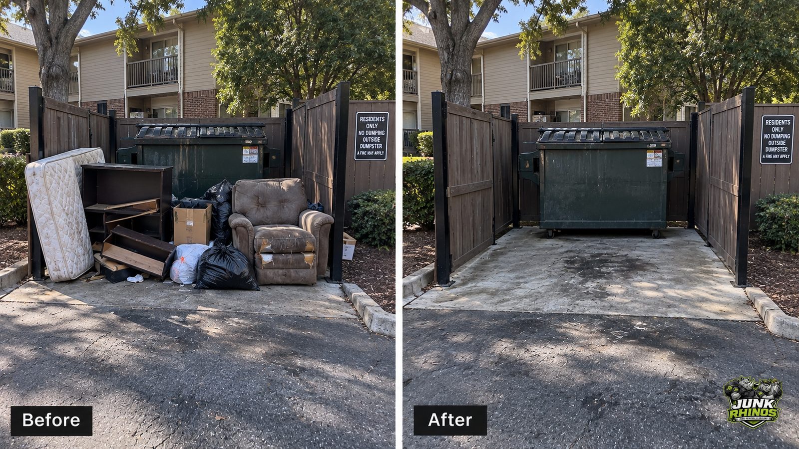 Before and after of an apartment dumpster enclosure cleared of a dumped mattress, recliner and bagged trash.