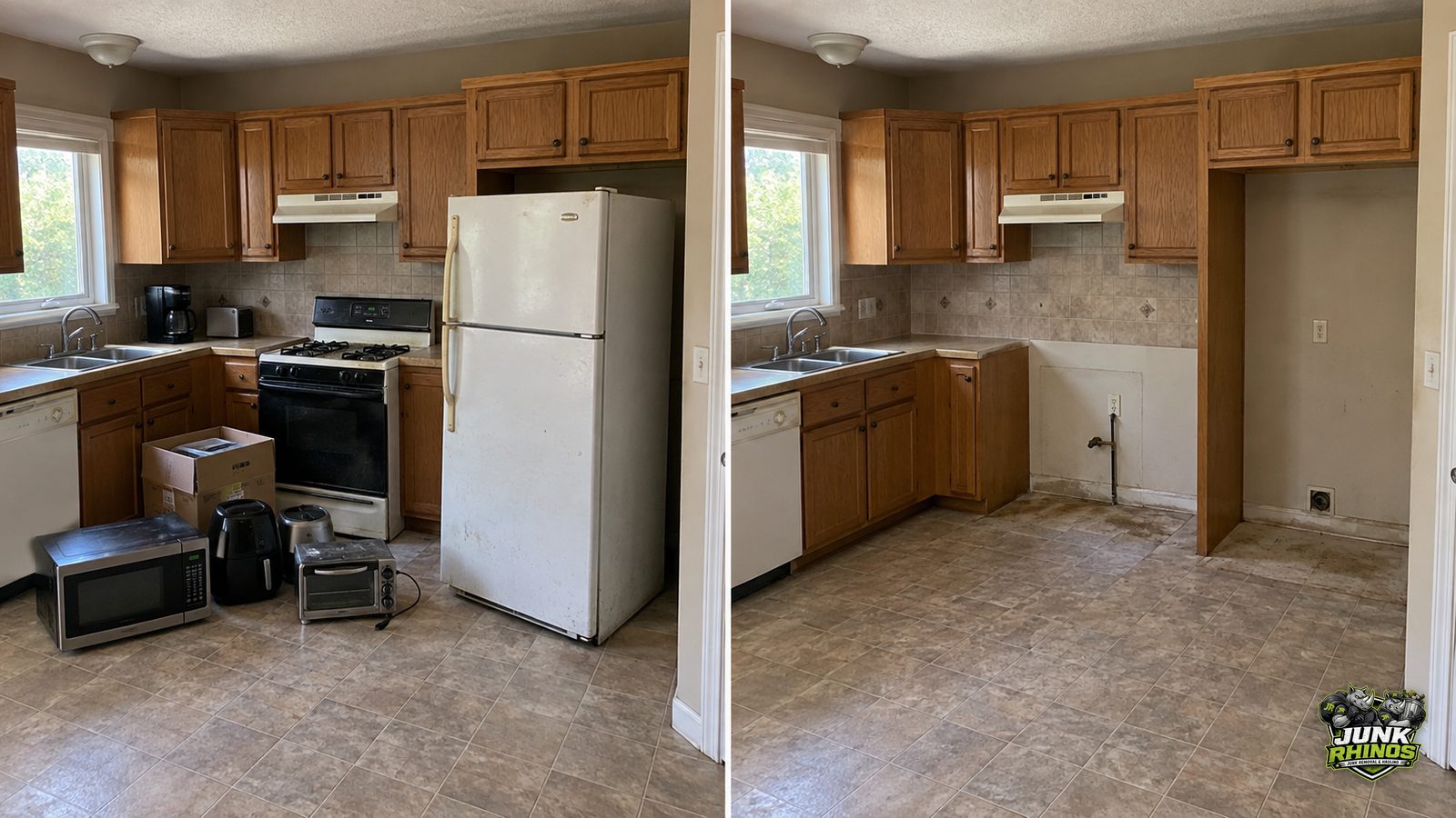 Before and after of a kitchen cleared of an old refrigerator, gas range and countertop appliances.