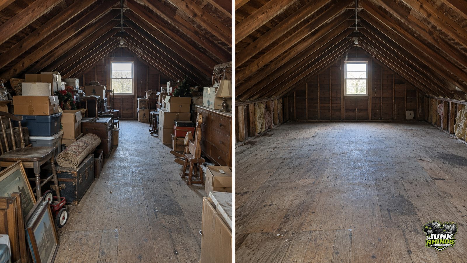 Before and after of an attic filled with trunks, frames and stored furniture, cleared.