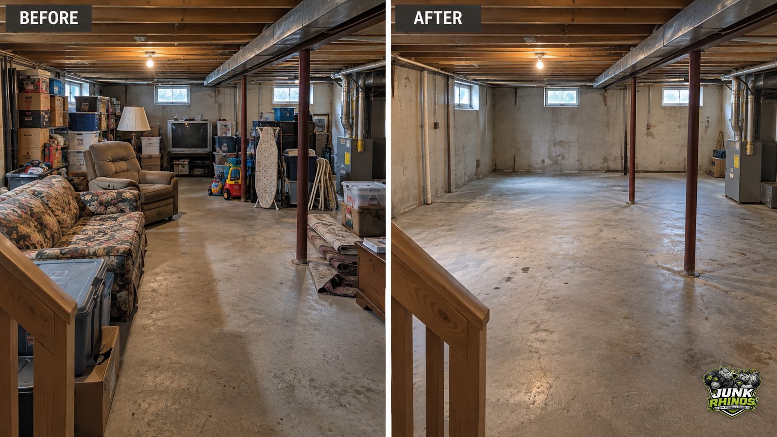 Before and after of a finished basement stacked with old furniture and boxes, emptied.