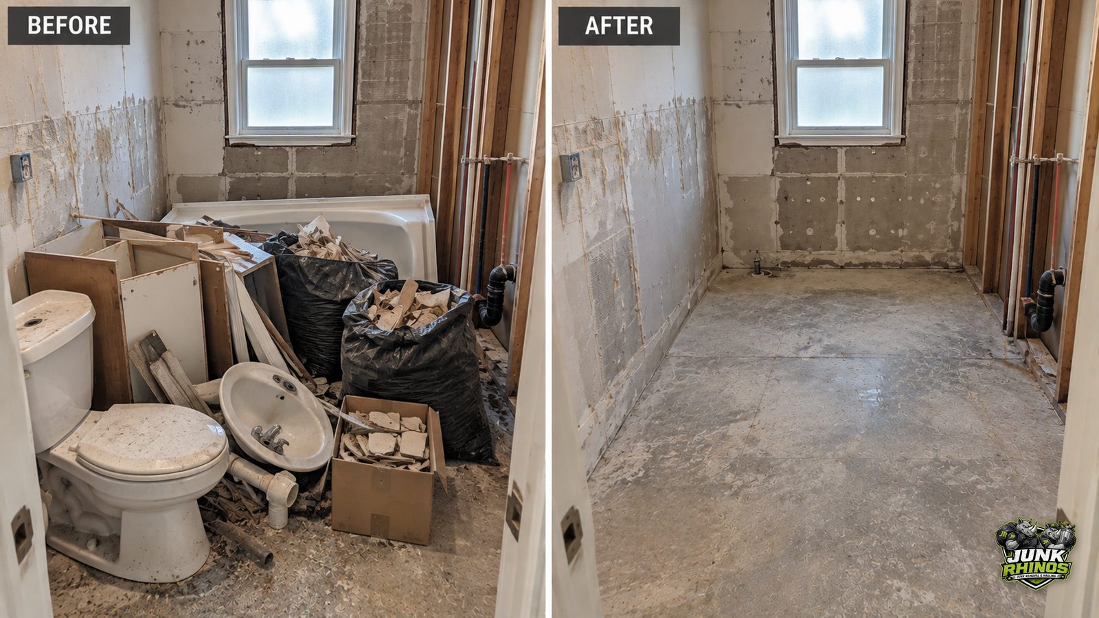 Before and after of a gutted bathroom with the old toilet, sink, tub surround and demo debris removed.