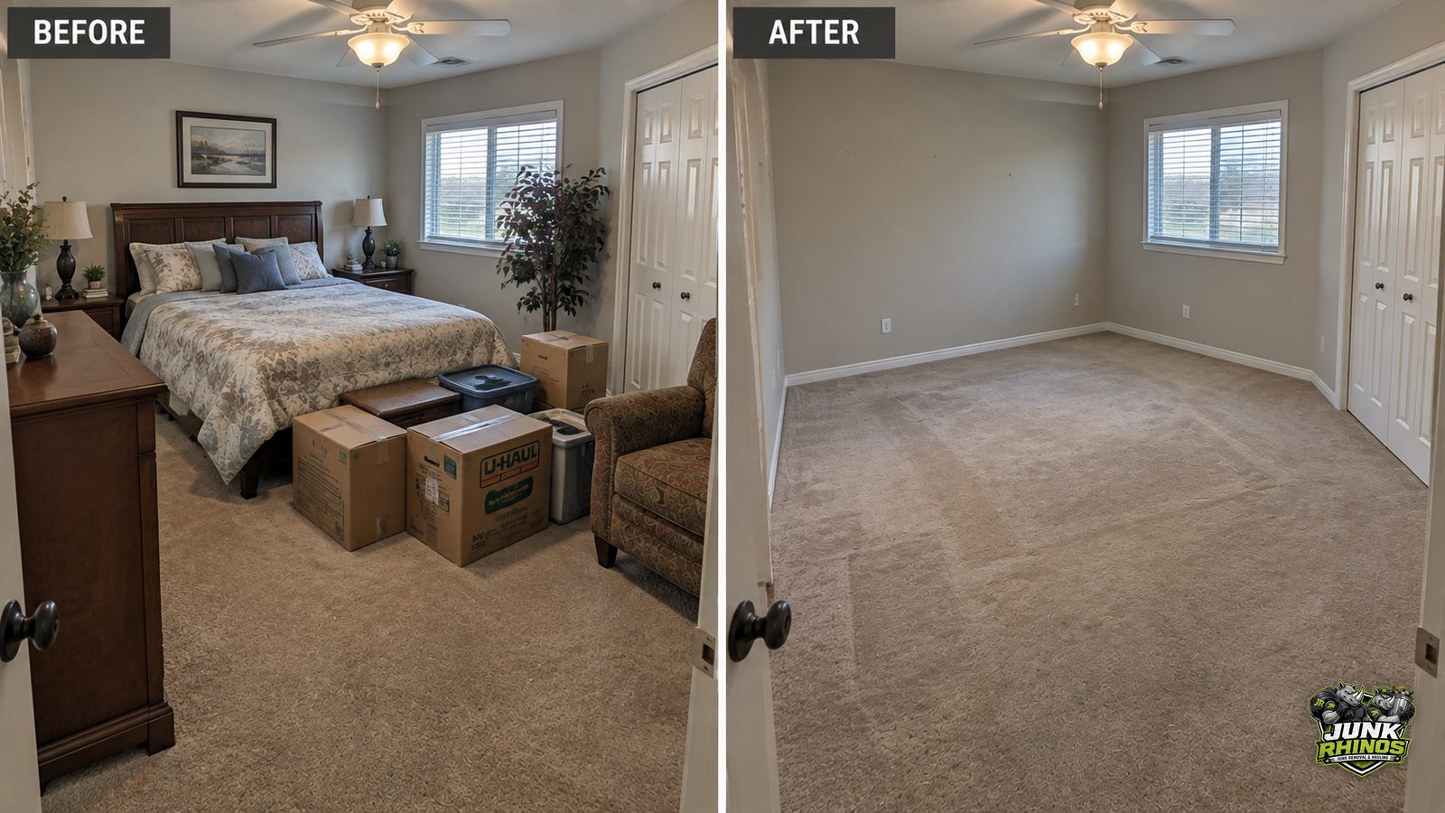 Before and after of a master bedroom with the bed, mattress and moving boxes removed.