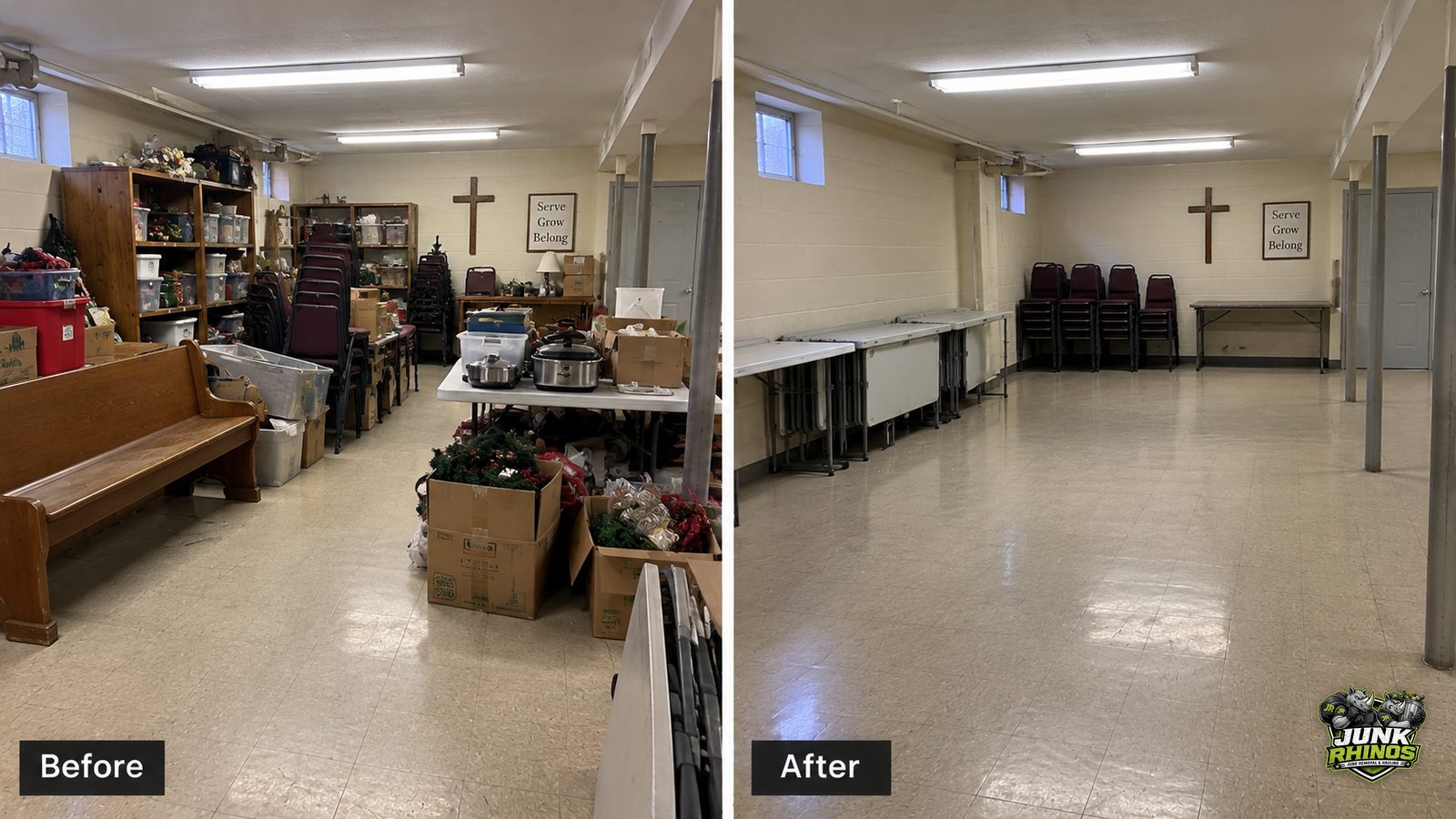 Before and after of a church fellowship hall cleared of stored furniture, boxes and donations.