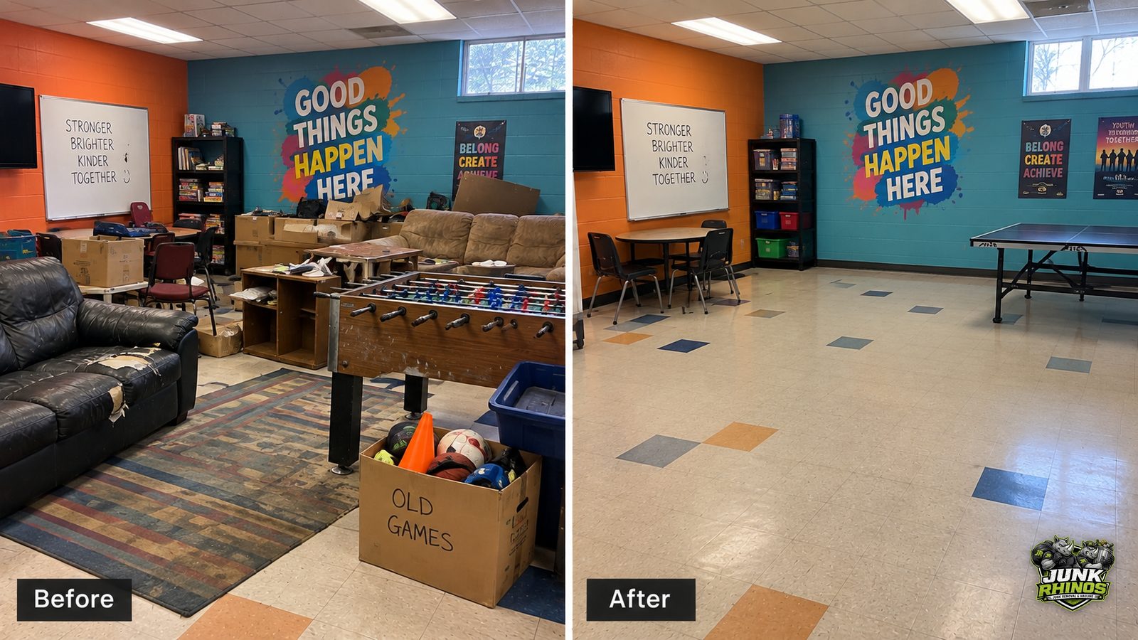 Before and after of a community center game room cleared of broken couches, games and storage boxes.