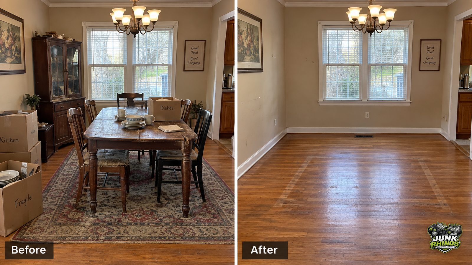 Before and after of a dining room with the table, chairs, china cabinet and moving boxes cleared.