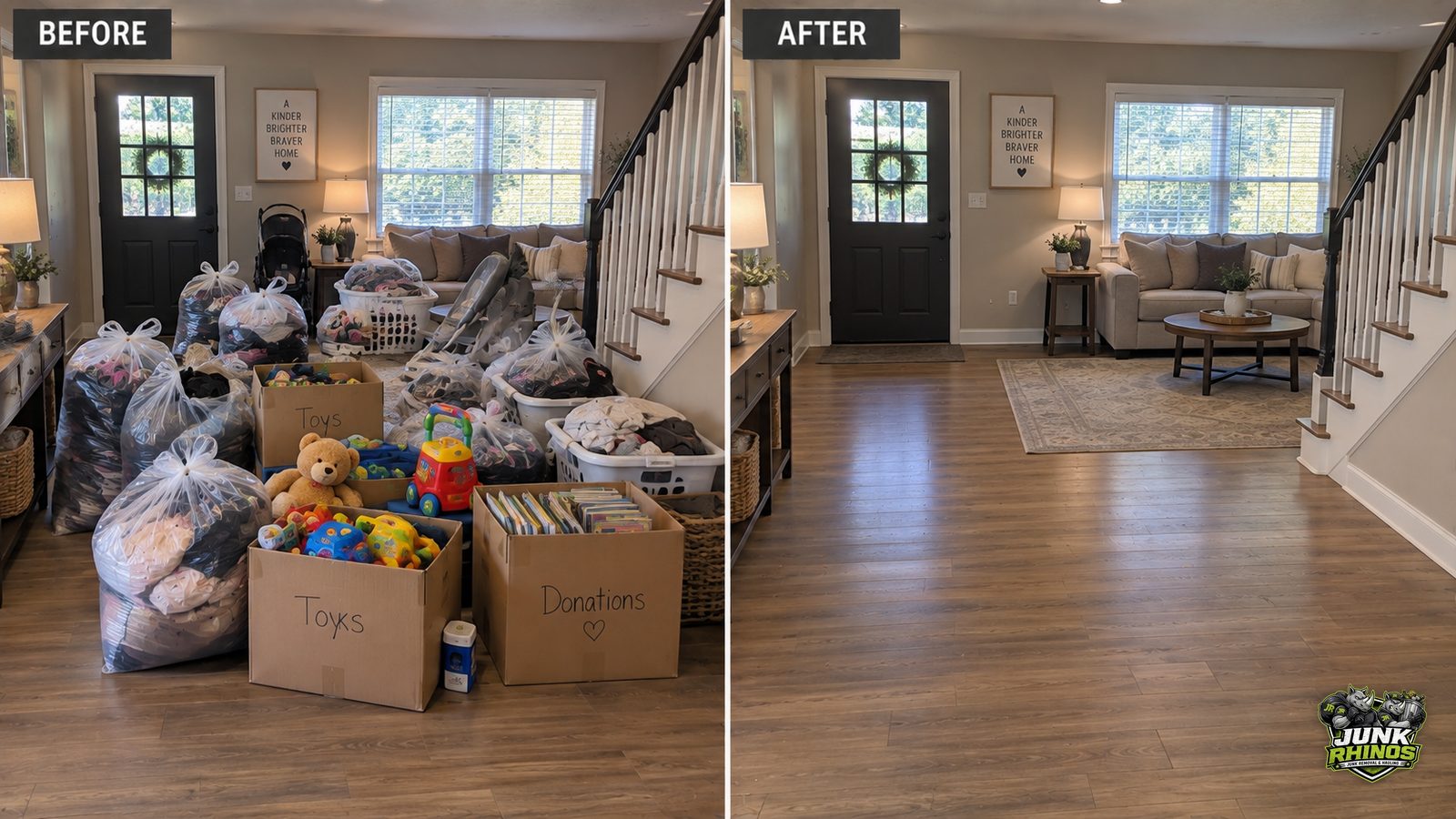 Before and after of an entryway stacked with donation boxes and bagged items, picked up and cleared.