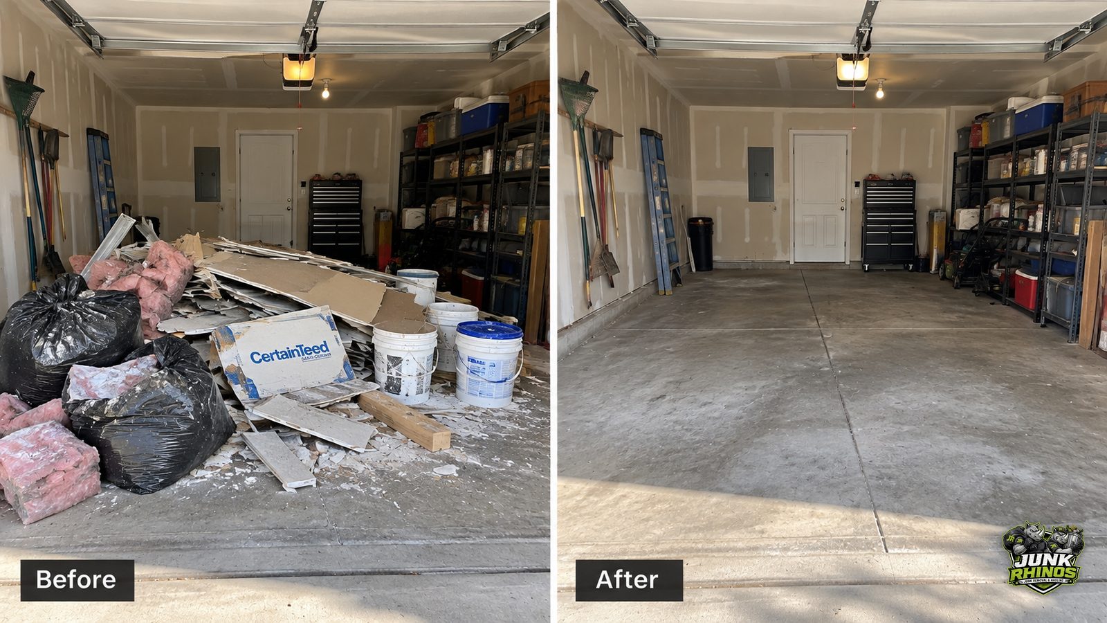 Before and after of a garage staging area piled with drywall offcuts, insulation and contractor bags, cleared.