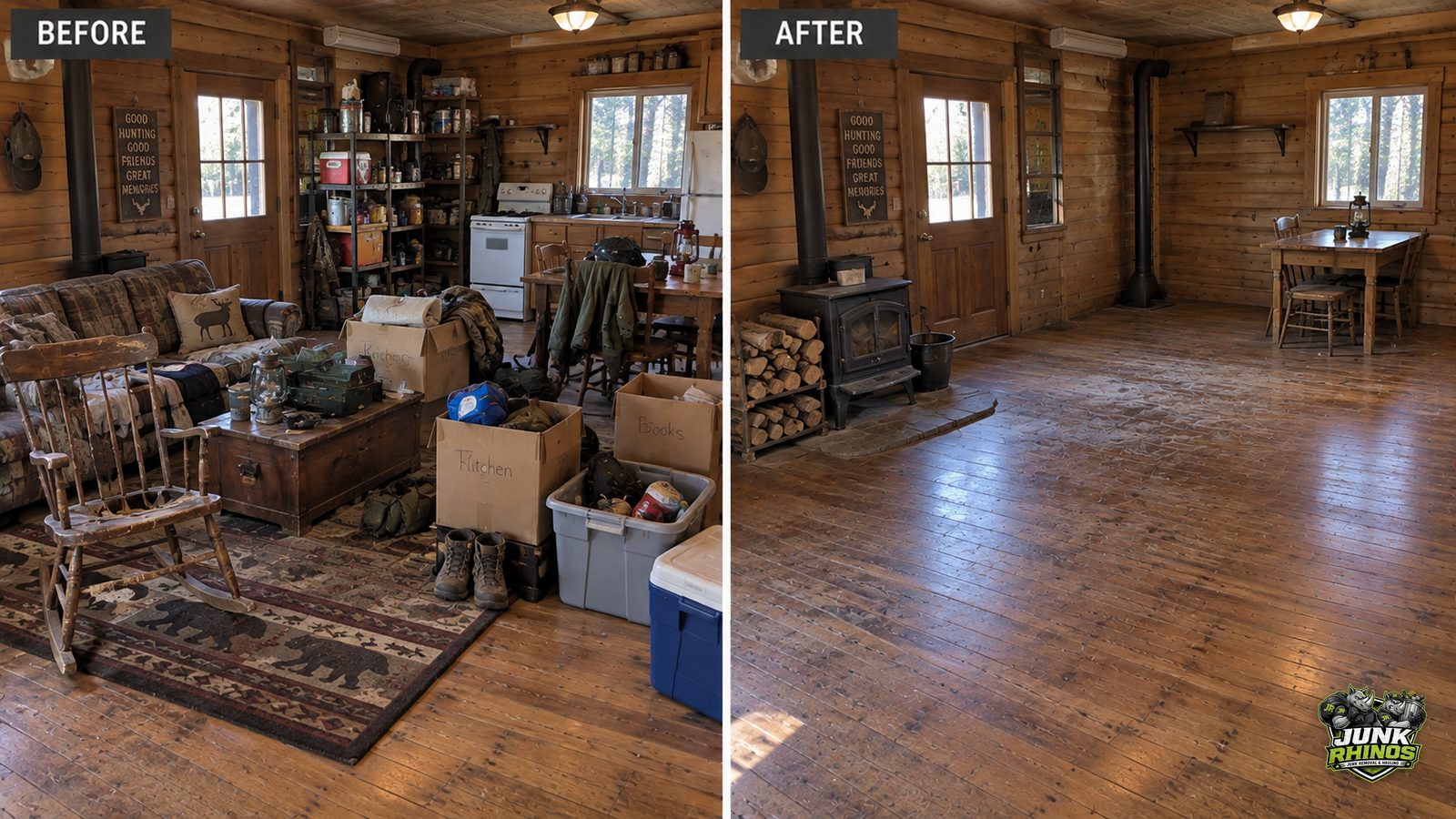 Before and after of a cabin living room cleared of decades of furniture, boxes and belongings.