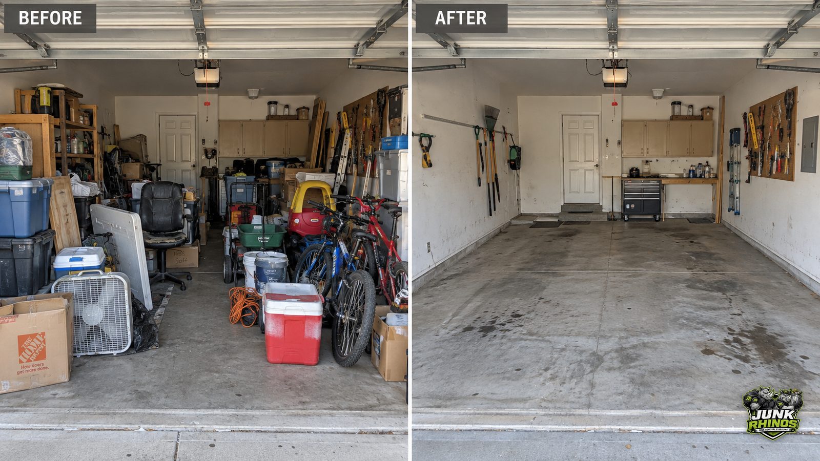 Before and after of a two-car garage packed with bikes, coolers and storage bins, cleared down to an empty floor.