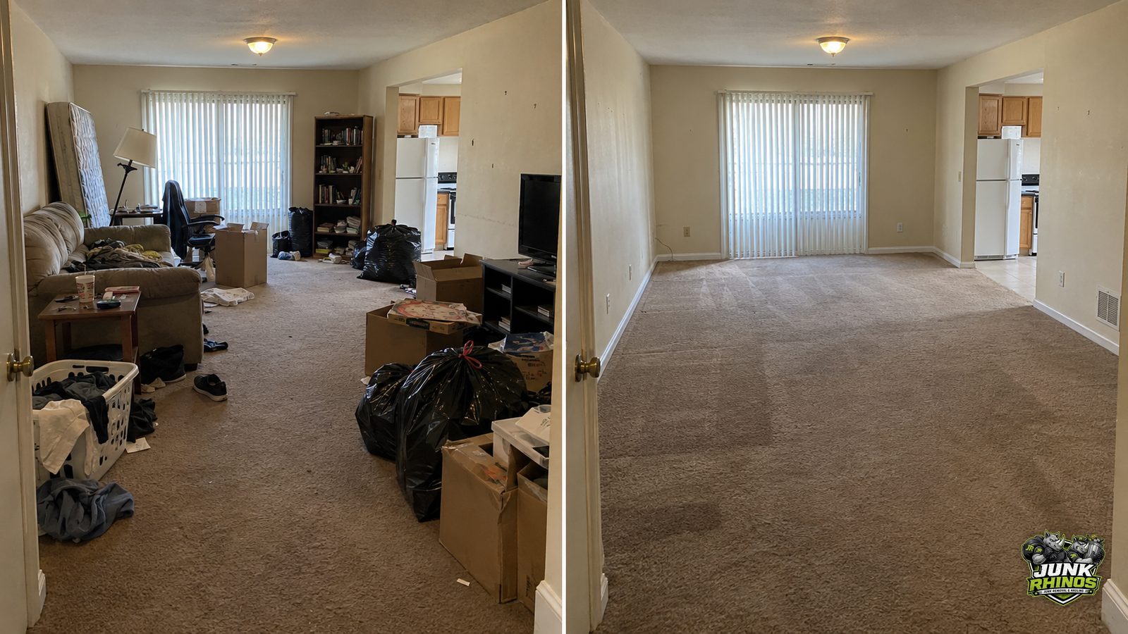 Before and after of a living room full of boxes, bags and mixed household junk cleared.