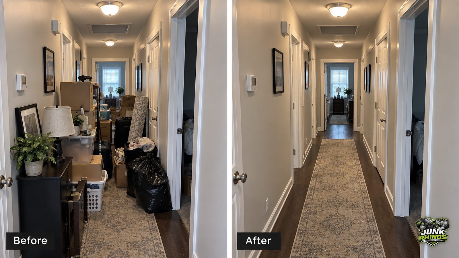Before and after of a blocked hallway packed with furniture, bags and boxes, cleared to a walkable path.