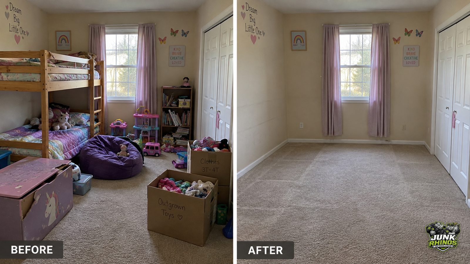 Before and after of a kids bedroom with bunk beds, a toy box and outgrown toys removed.
